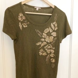J.crew olive t-shirt with intricate gold beading